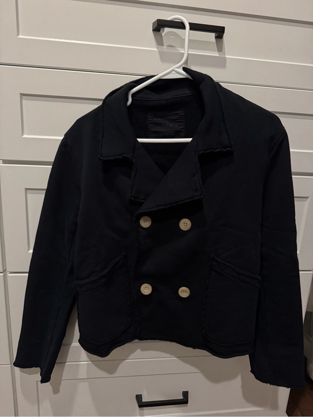 Frank & Eileen Women’s Double-Breasted Navy Jacket. Sweatshirt material. Size S